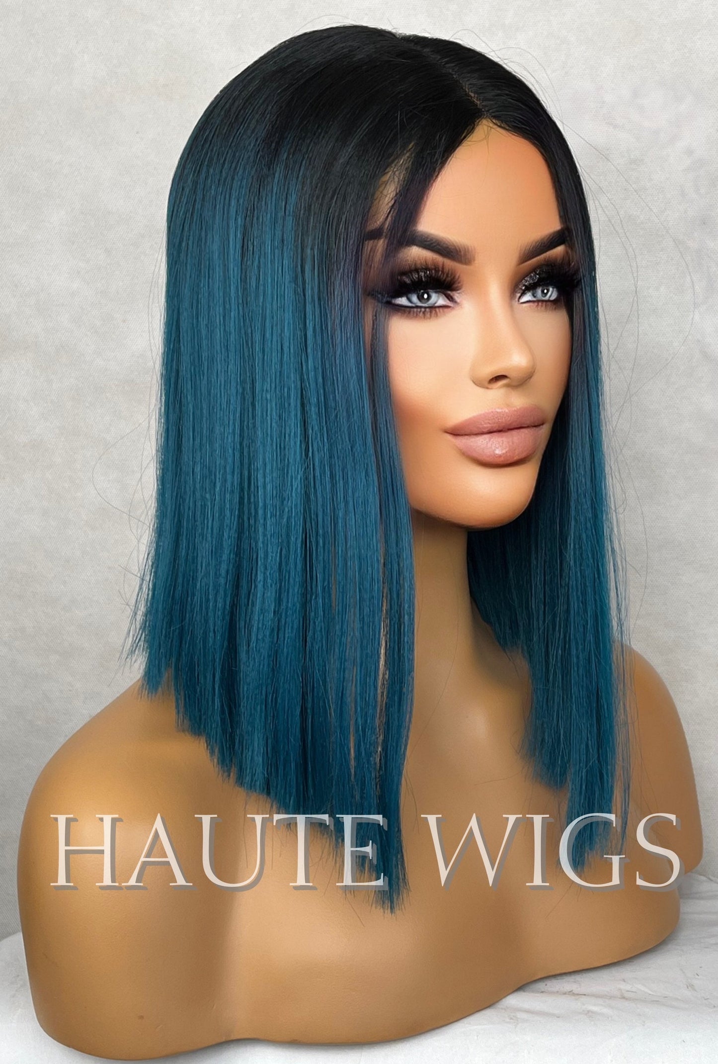 Slanted Ombré Turquoise Teal Dark Sea Aqua Blue Green Wig Center Part Short Straight NO Lace Front Human Hair Blends Wig Dark Roots Ladies