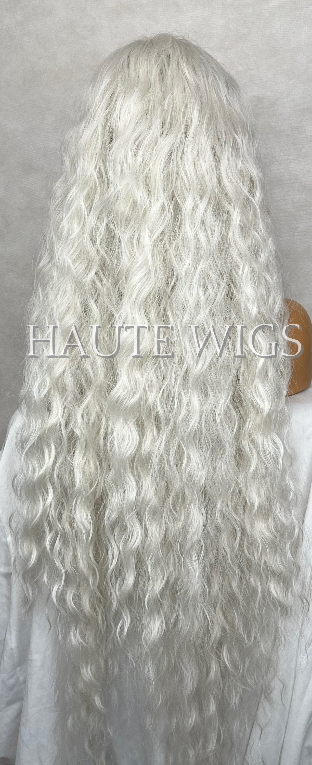 XXXL 42 inch Wavy Curly Long Wig Lace Front Center Part Ice Platinum Peroxide Blonde Human Hair Blends