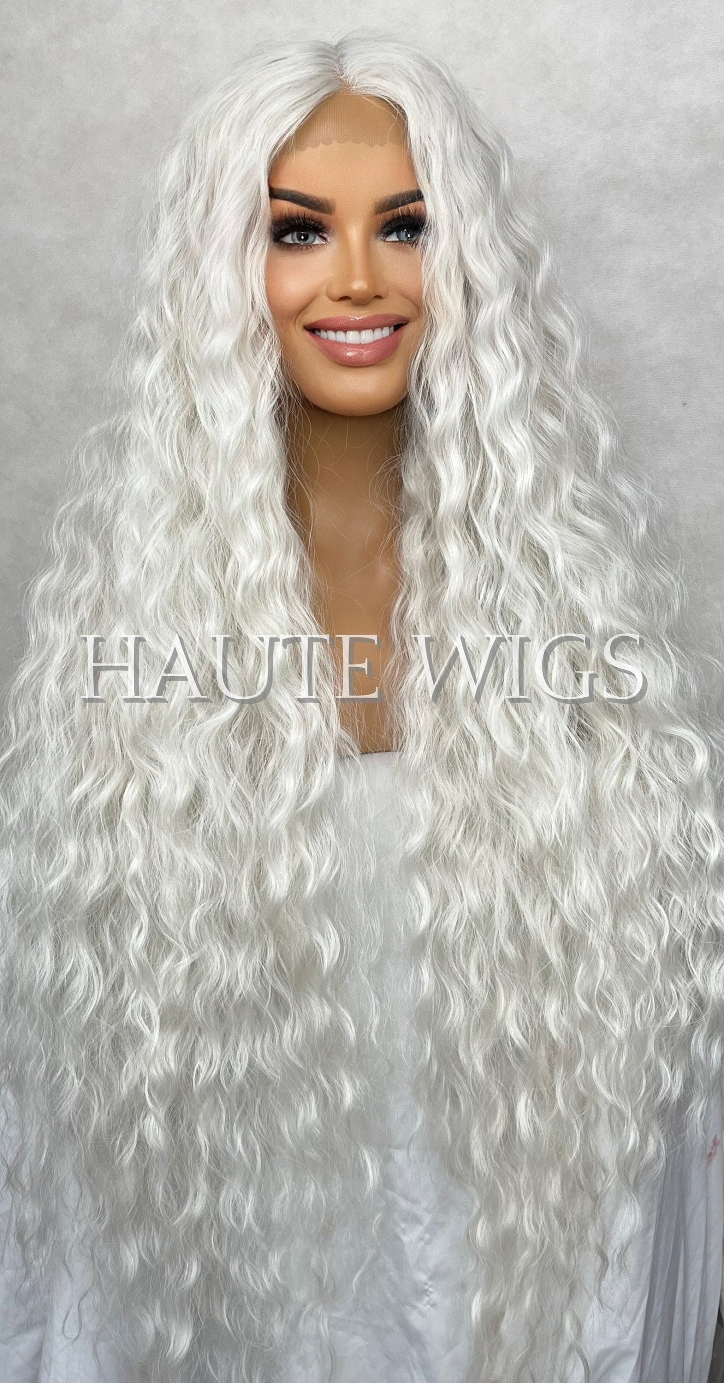 XXXL 42 inch Wavy Curly Long Wig Lace Front Center Part Ice Platinum Peroxide Blonde Human Hair Blends