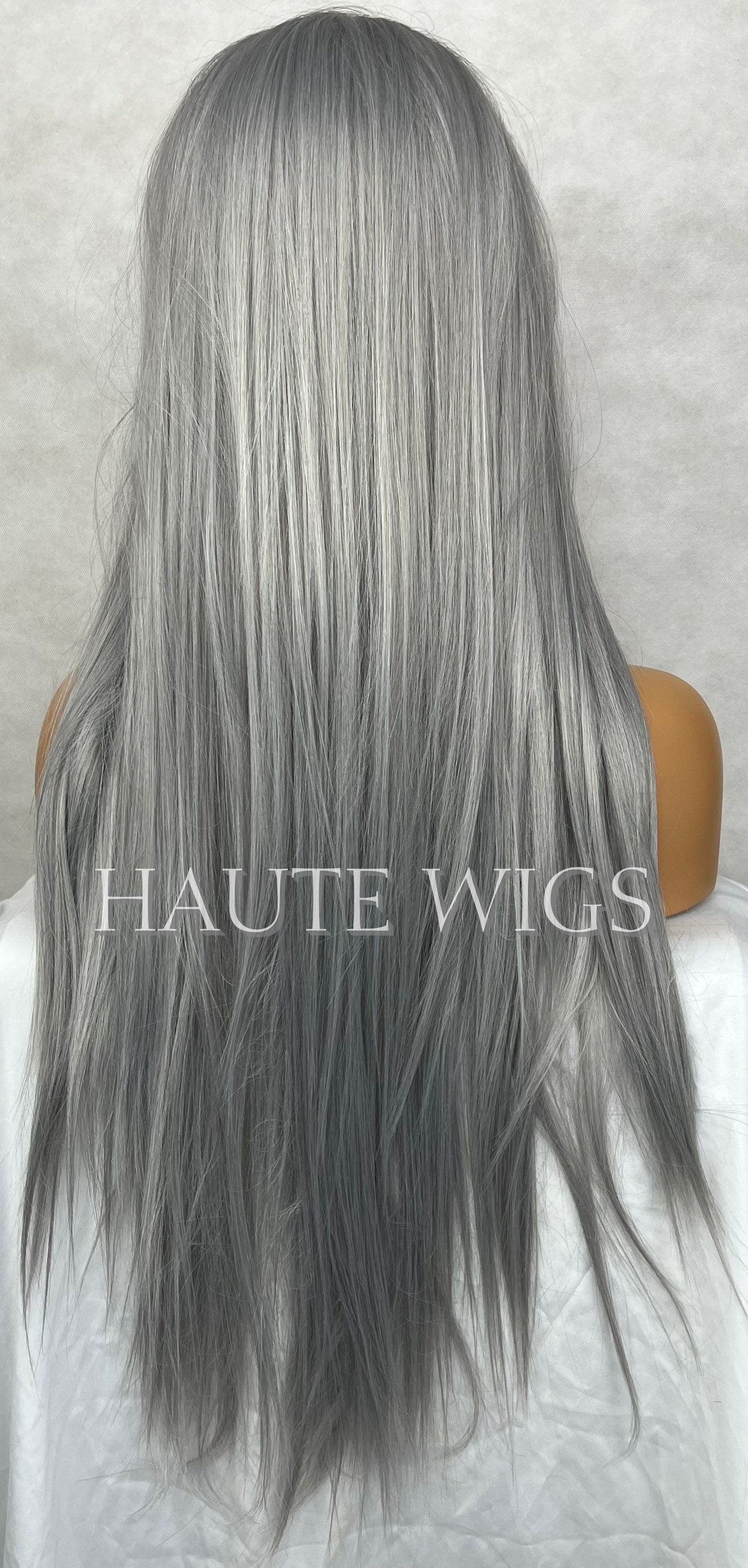 Straight 32 Inches Long Luxury Small lace closure Front Womens center Parting Wigs Platinum Silver Blonde Ombre Hair Gift For Her