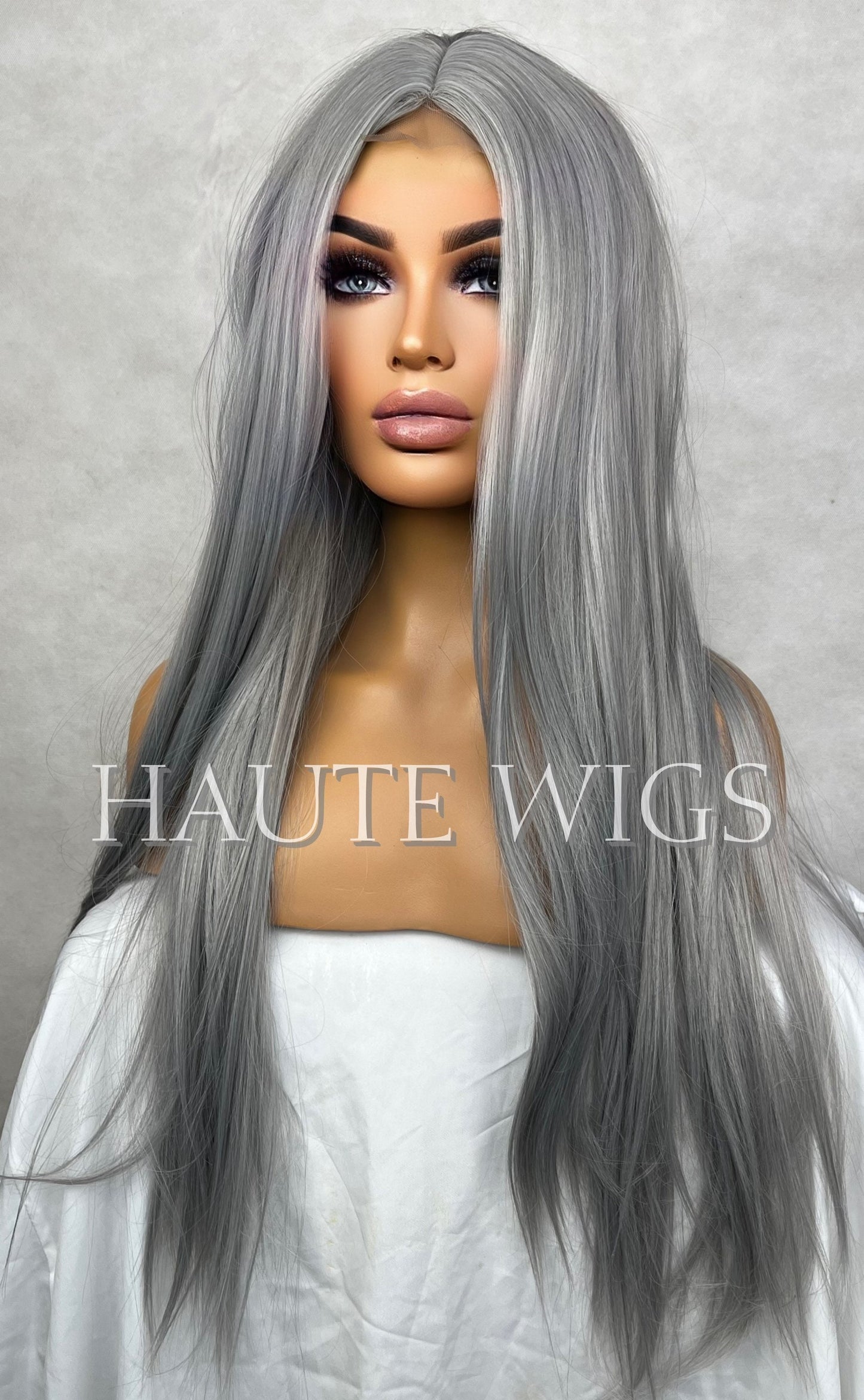 Straight 32 Inches Long Luxury Small lace closure Front Womens center Parting Wigs Platinum Silver Blonde Ombre Hair Gift For Her