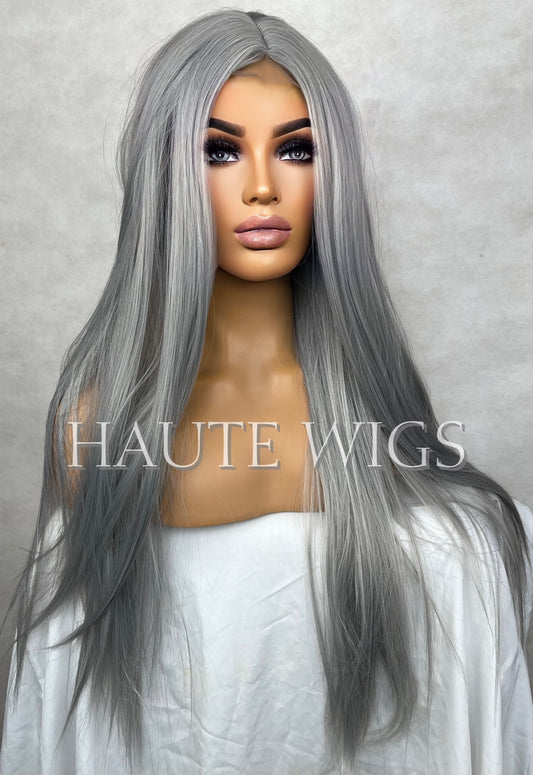Straight 32 Inches Long Luxury Small lace closure Front Womens center Parting Wigs Platinum Silver Blonde Ombre Hair Gift For Her