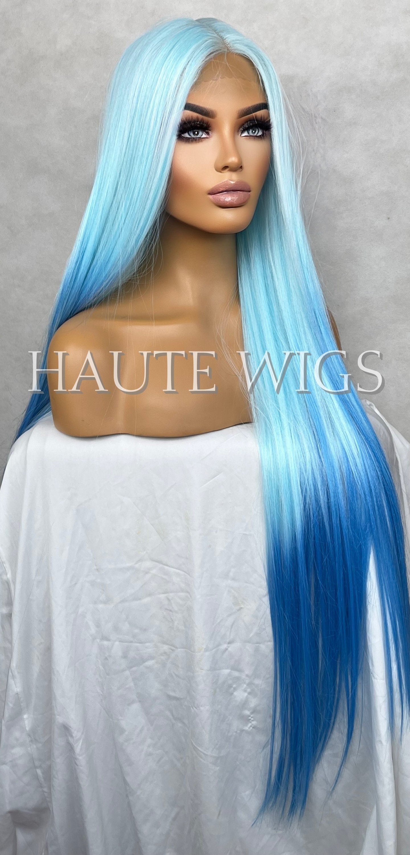 XXX LONG Frozen Inspired Ombré Light To Dark Blue Wig Princess Straight Wig Lace Front T Part Human Hair Blends Synthetic Wig Ladies Womens