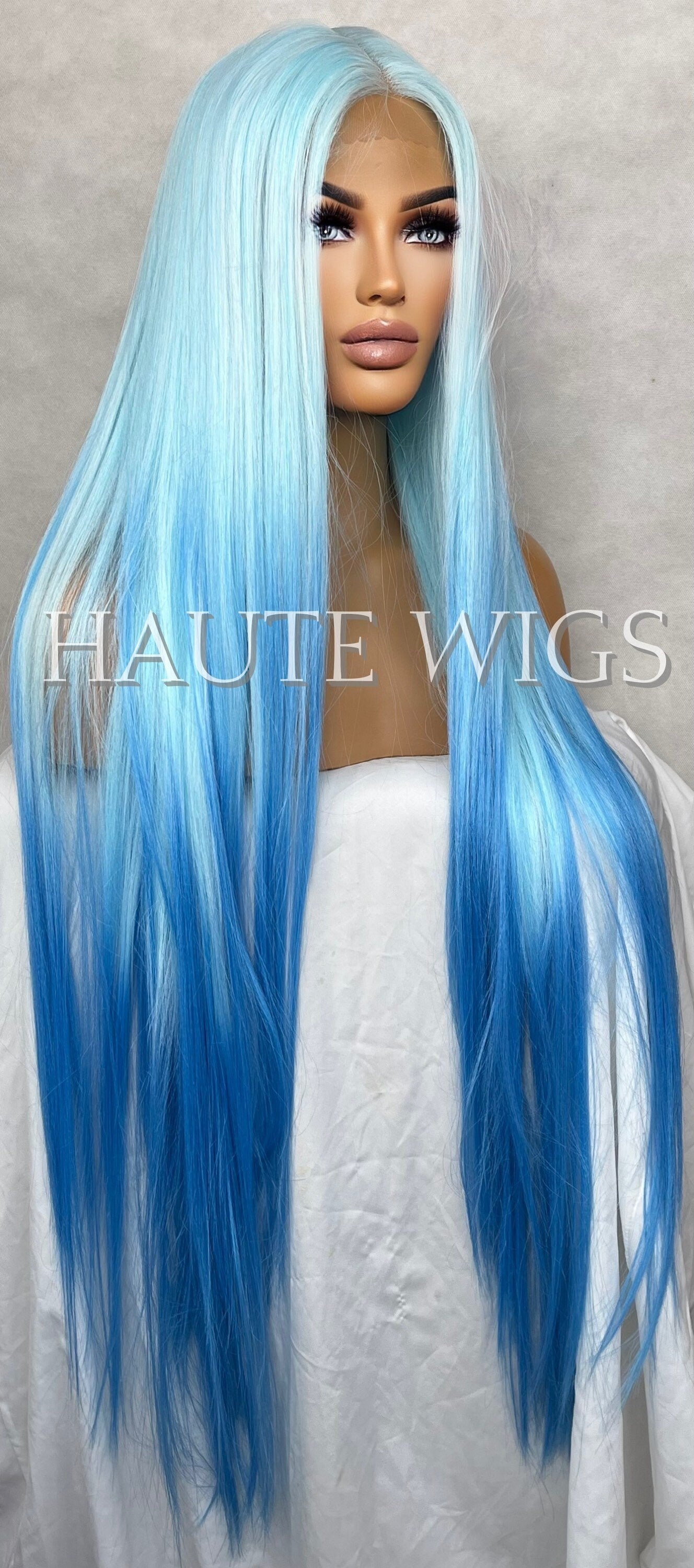 XXX LONG Frozen Inspired Ombré Light To Dark Blue Wig Princess Straight Wig Lace Front T Part Human Hair Blends Synthetic Wig Ladies Womens