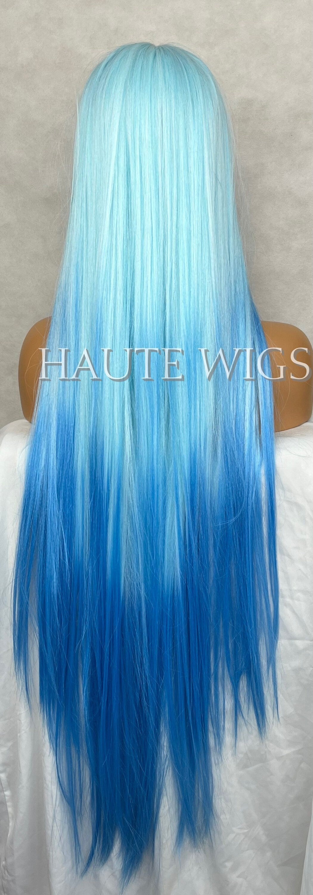 XXX LONG Frozen Inspired Ombré Light To Dark Blue Wig Princess Straight Wig Lace Front T Part Human Hair Blends Synthetic Wig Ladies Womens