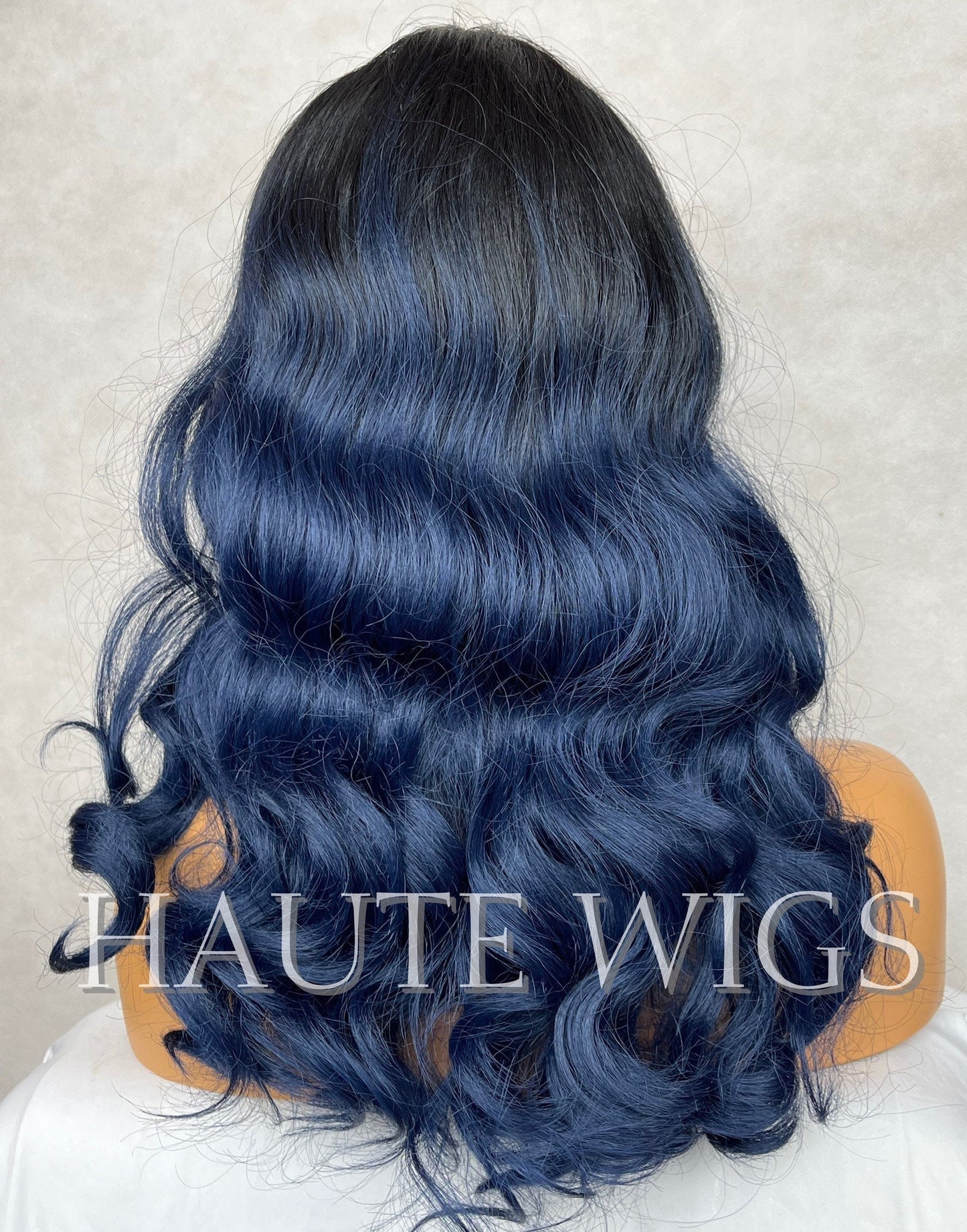 Wavy short Ombre Dark Midnight Navy Blue Wig NO Lace Front Human Hair Synthetic Blends Wig Ladies Womens Center Parting Curly