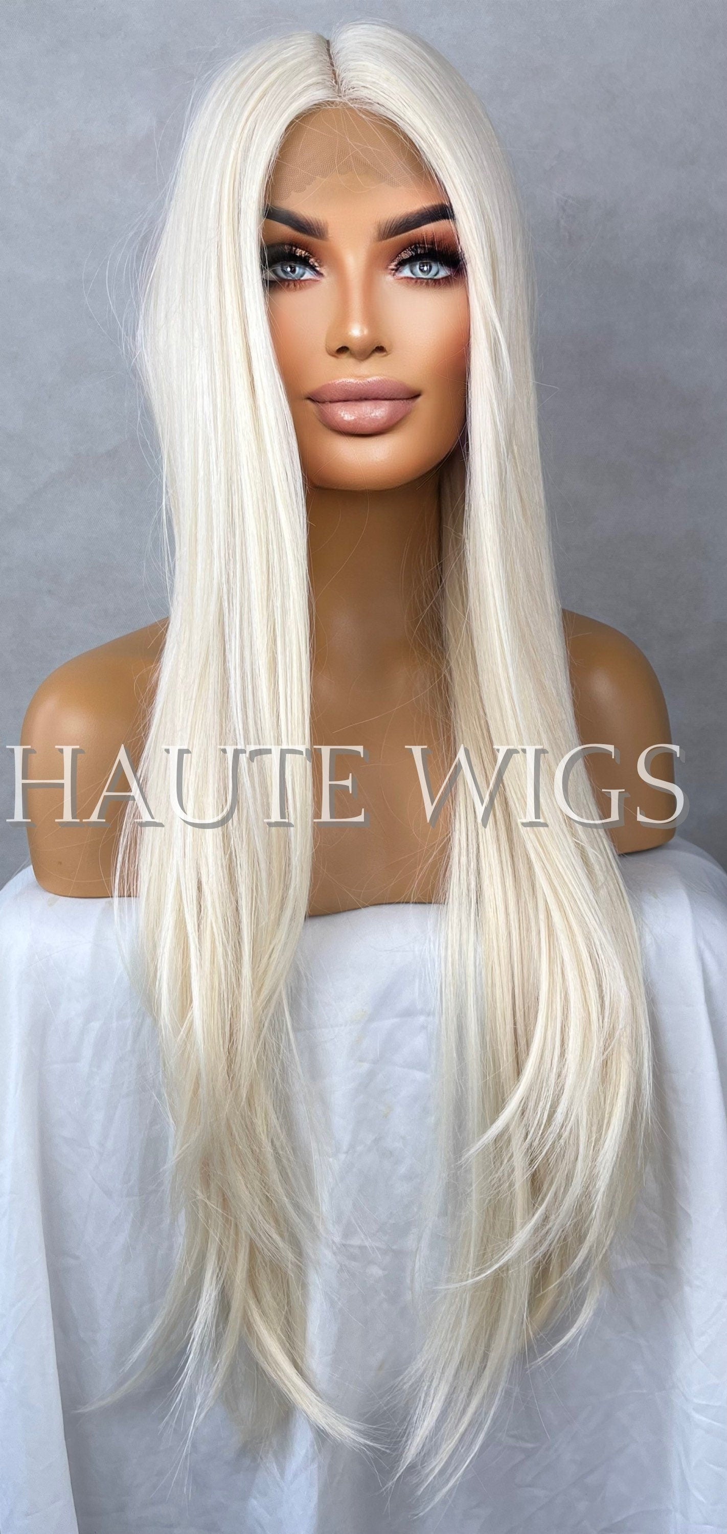 Private Show - Light Creamy Blonde Womens Long Wig Lace Front Layered Human Hair Blends Straight Thick Ladies Wig RARE Bleached Peroxide