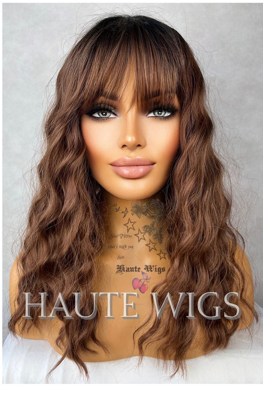 Wavy 18 Inches Womens Brunette Brown Ombre Bangs Fringe Human Hair Wig Ladies Wavy Curly Brazilian Style Wig lace parting