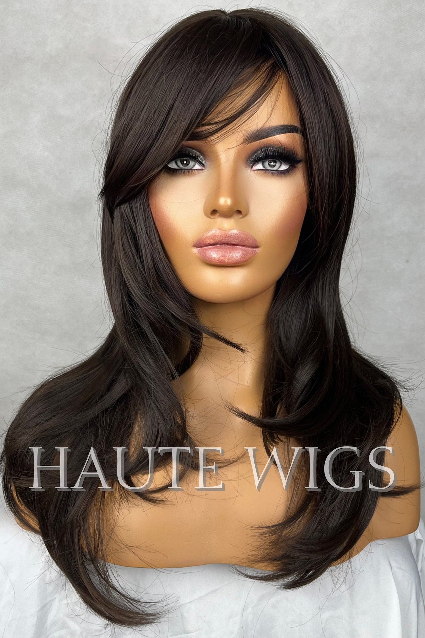1996 - 90s Inspired Layered Hair Wig Dark warm Brown With Bangs / Fringe Straight No Lace Front Synthetic Wavy Hair Wigs Gift for her