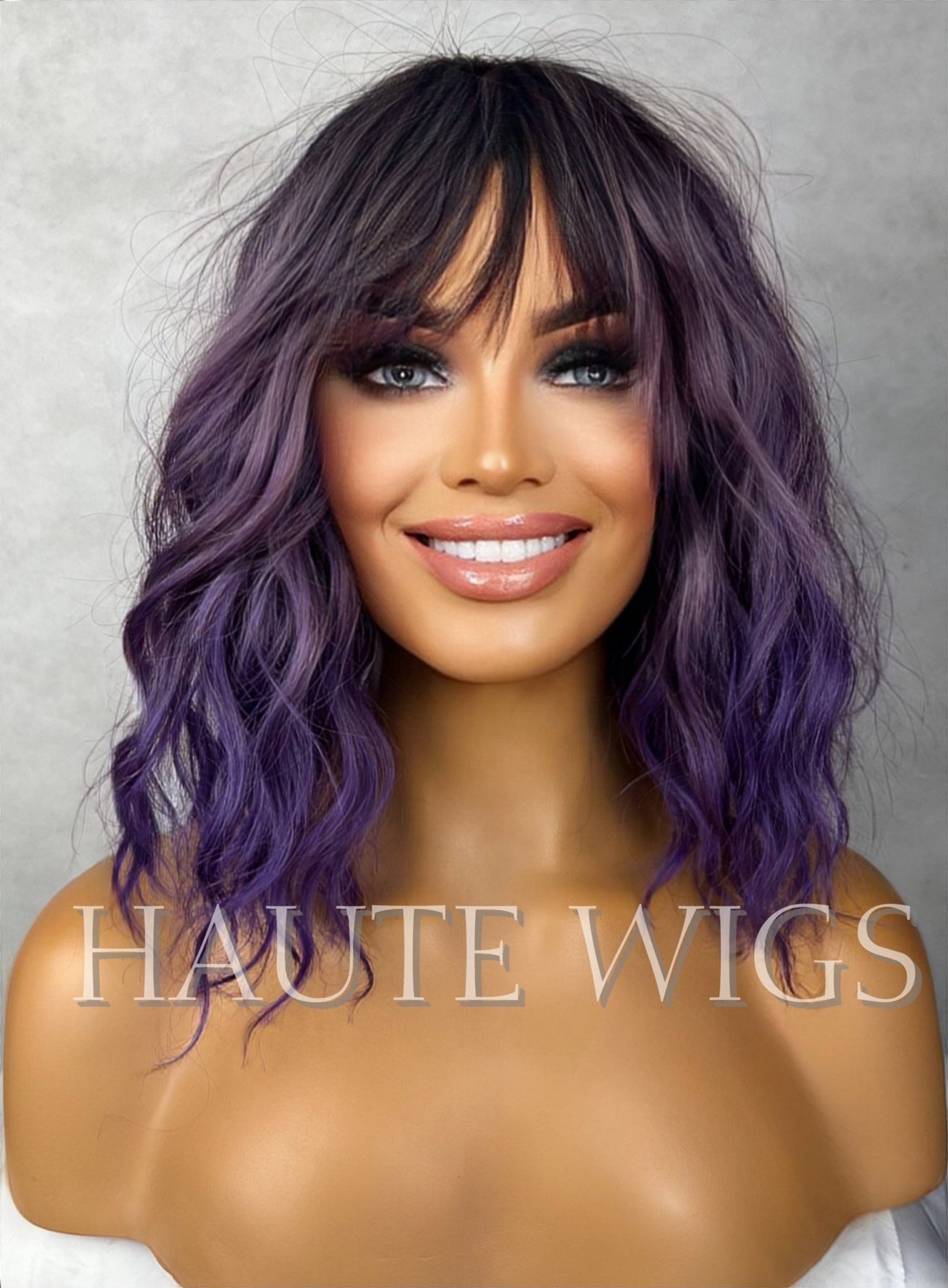 Ombre Lilac Electric Purple Violet Wig W Bangs Fringe Short Pixie BOB Wavy NO Lace Front Wigs Gift For Her Dark Roots Ladies Womens play