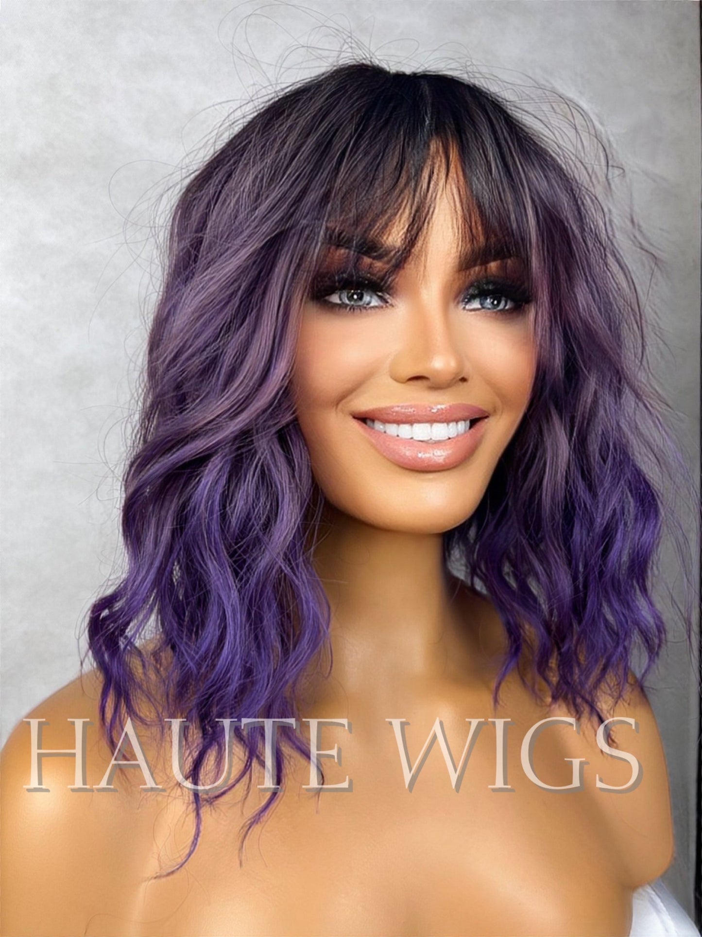 Ombre Lilac Electric Purple Violet Wig W Bangs Fringe Short Pixie BOB Wavy NO Lace Front Wigs Gift For Her Dark Roots Ladies Womens play