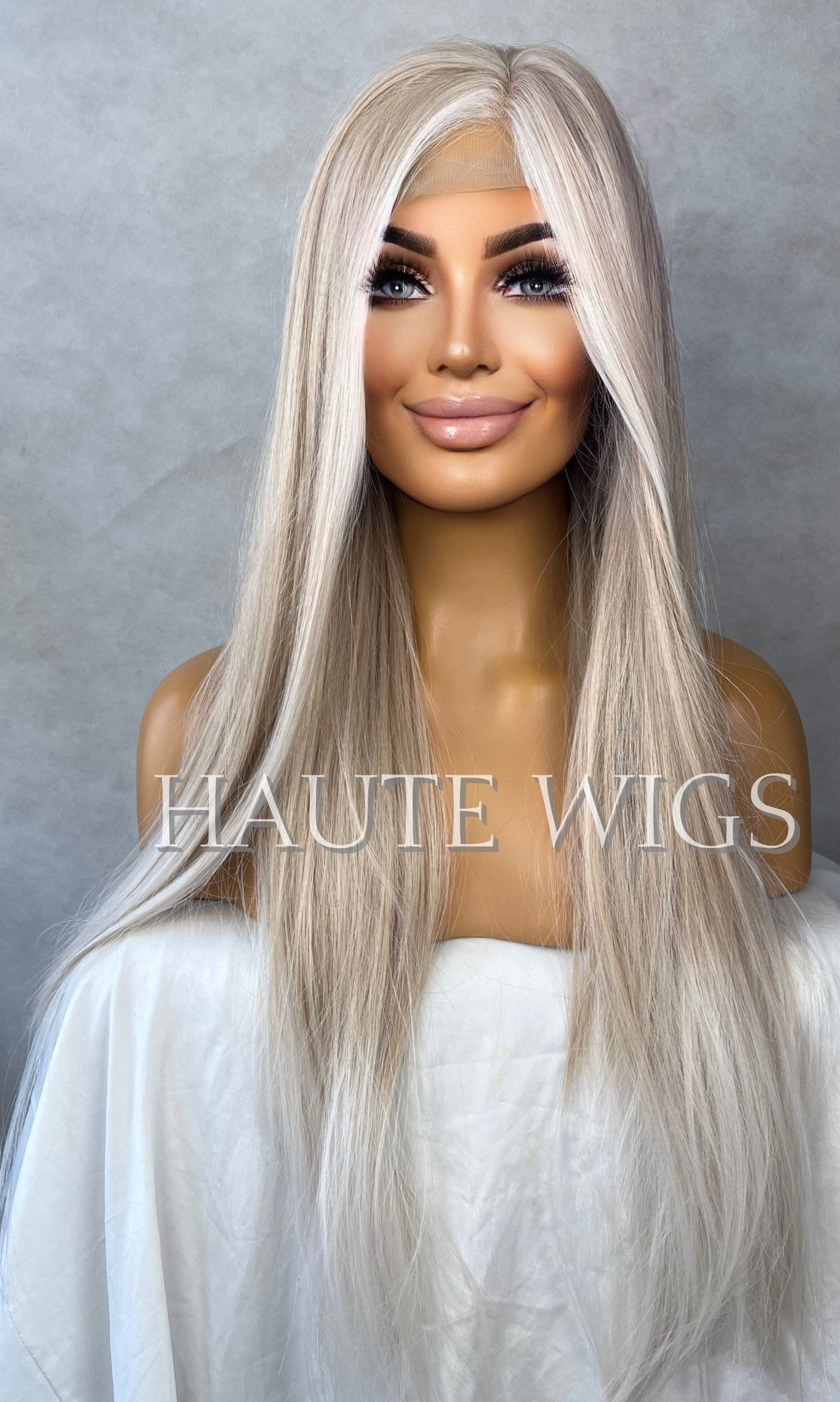 Ash Blonde White Balayage Highlights streaks 28 Inch Long Wig Straight Center Parting Low Density Lace Front Womens Haute Wigs