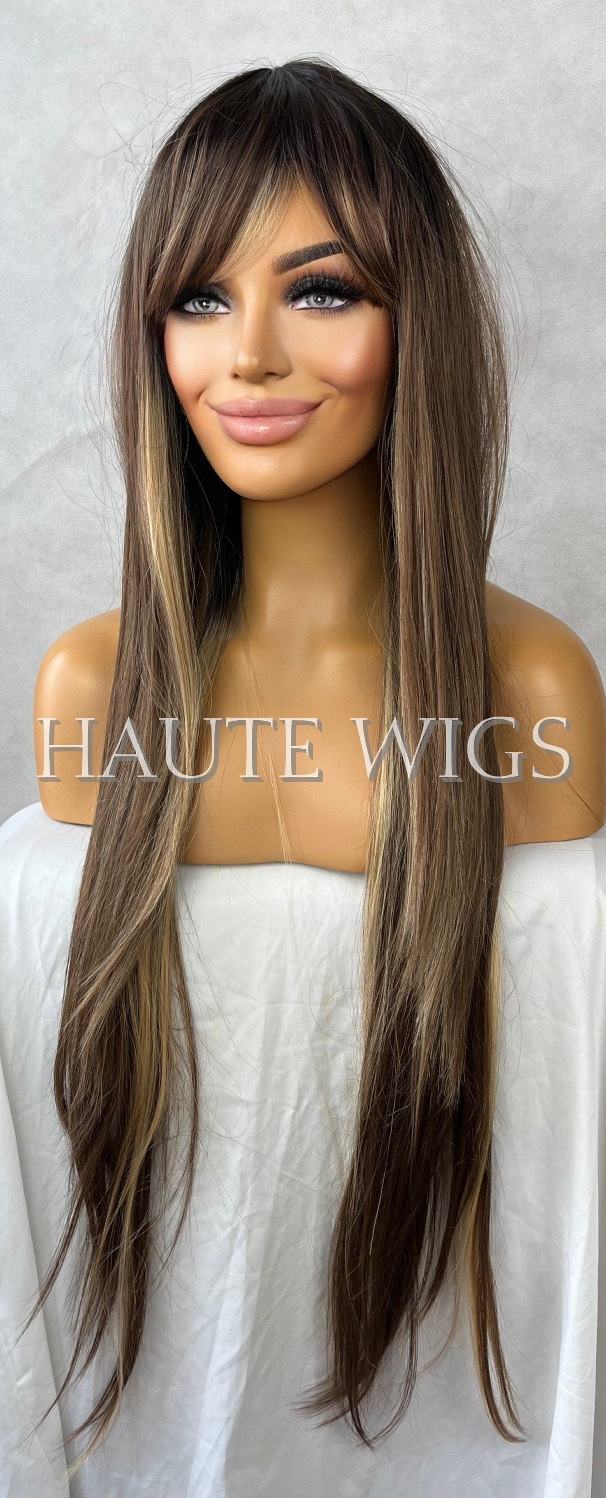 30 Inch Long Coffee Brunette Brown With Blonde Streaks Low Lights Womens Wig Hair Fringe / Bangs Straight ombre Synthetic Hair Amazing Feel