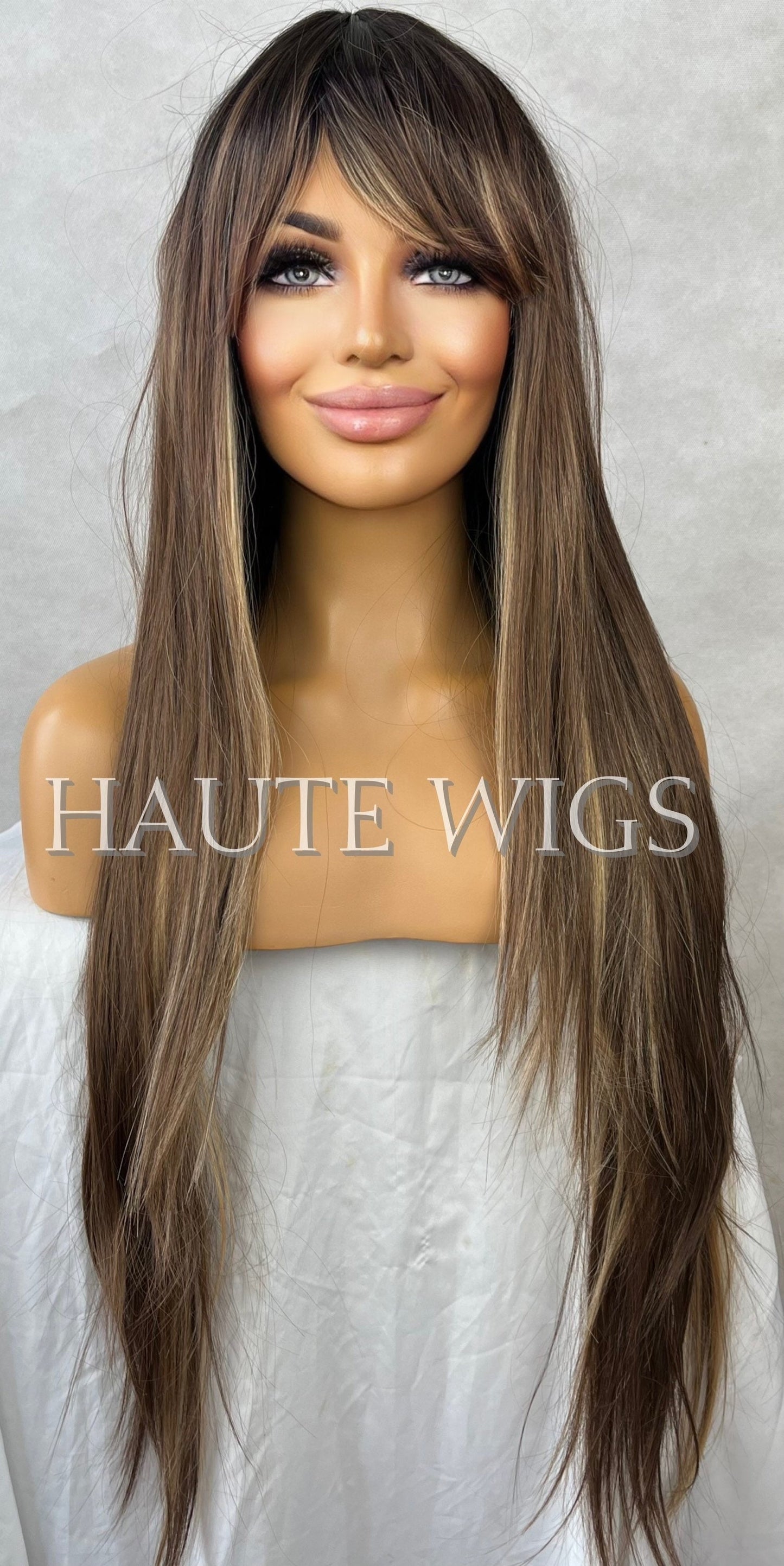 30 Inch Long Coffee Brunette Brown With Blonde Streaks Low Lights Womens Wig Hair Fringe / Bangs Straight ombre Synthetic Hair Amazing Feel