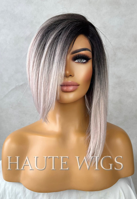 Pink Metal White Silver Ombre Short Bob XXX 12 Inches Lace Front Human Hair Womens Wig Ladies Sexy Luxury Baby Hairs Center Parting Straight