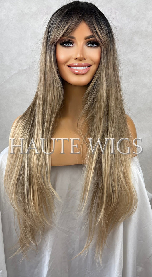 30 Inch Long Ash Blonde Brown Highlights Balayage Womens Wig Hair Fringe / Bangs Straight Blonde Low Lights Human Hair Blends Synthetic
