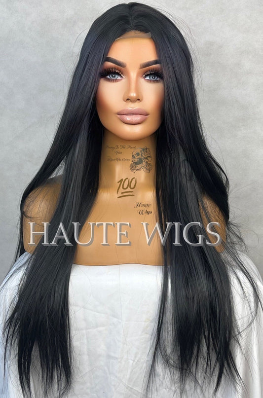 Kim K Inspired Long 26 Inches Lace Front Closure Synthetic Womens Wig Ladies JET BLACK silky Straight Wigs Haute Wigs Everyday Wear Gift