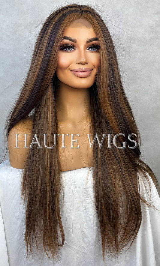 30 Inch BROWN Brunette Wig With Light Highlights Lowlights Streaks Long Straight Womens Wig Vegan friendly Lace Front Realistic Haute Wigs