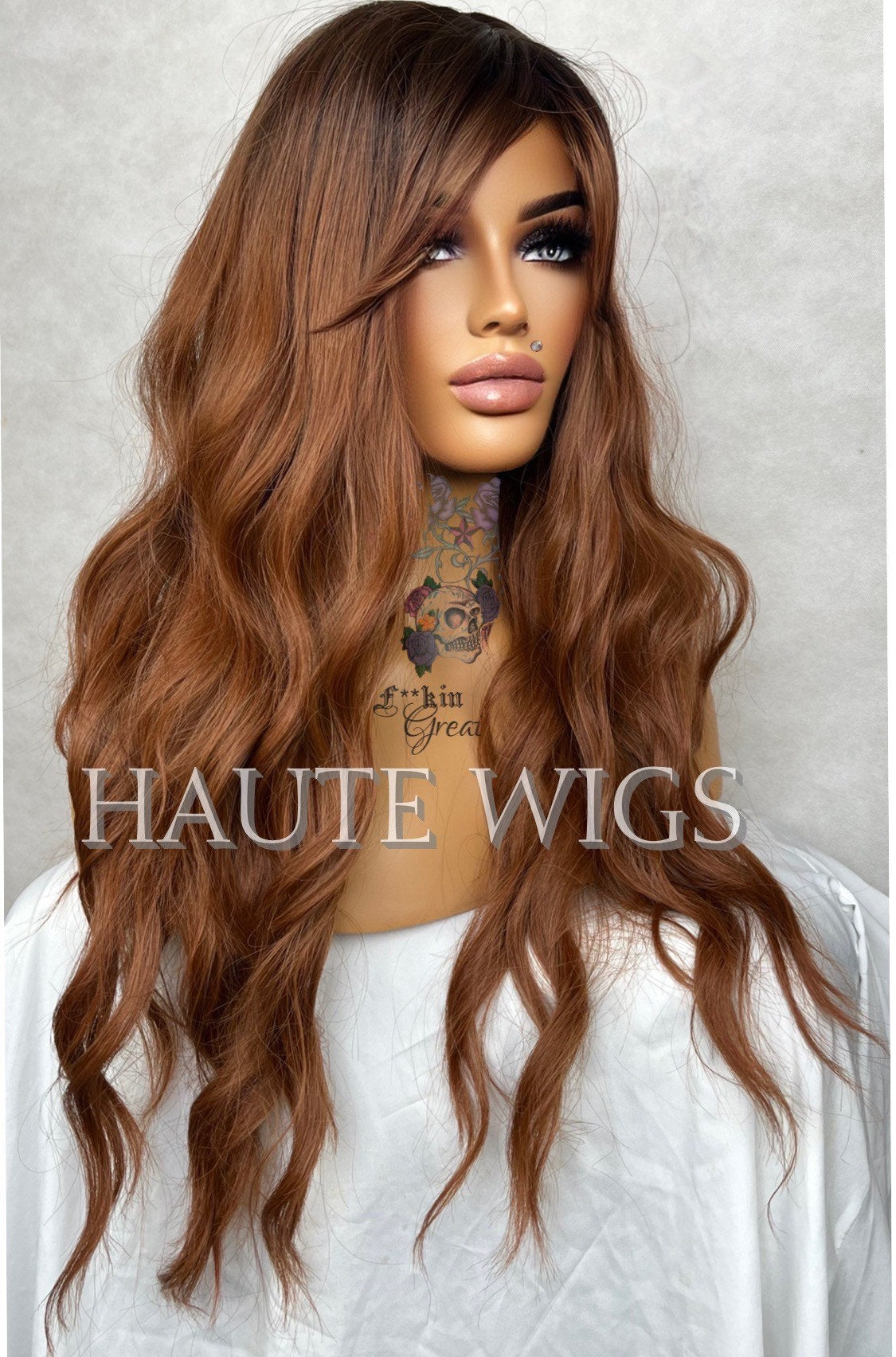 Brown Auburn Copper Tones Wig With Bangs / Fringe Long Deep Golden Ginger Brown Layered Silky Wavy Curly Ladies Womens Wigs No Lace Front