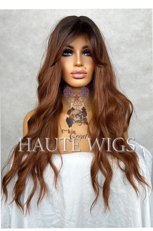 Brown Auburn Copper Tones Wig With Bangs / Fringe Long Deep Golden Ginger Brown Layered Silky Wavy Curly Ladies Womens Wigs No Lace Front