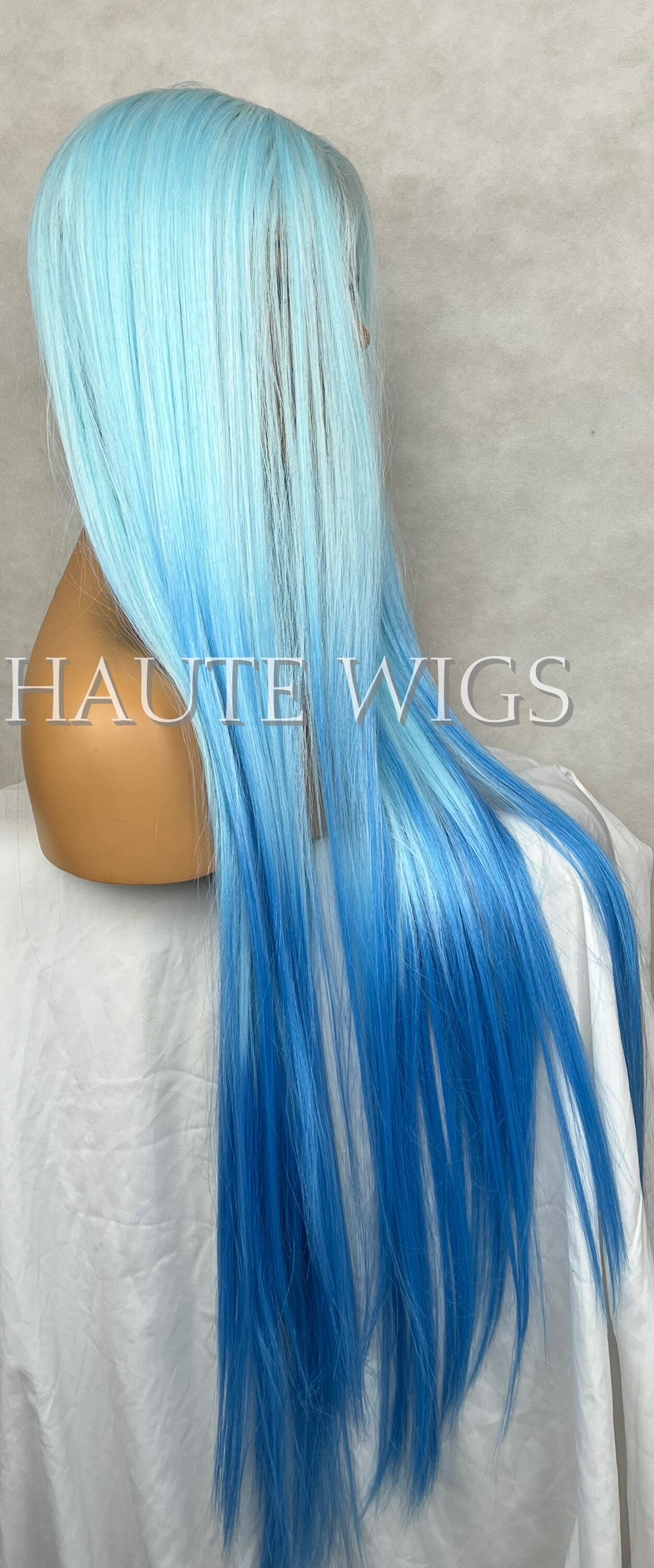 XXX LONG Frozen Inspired Ombré Light To Dark Blue Wig Princess Straight Wig Lace Front T Part Human Hair Blends Synthetic Wig Ladies Womens