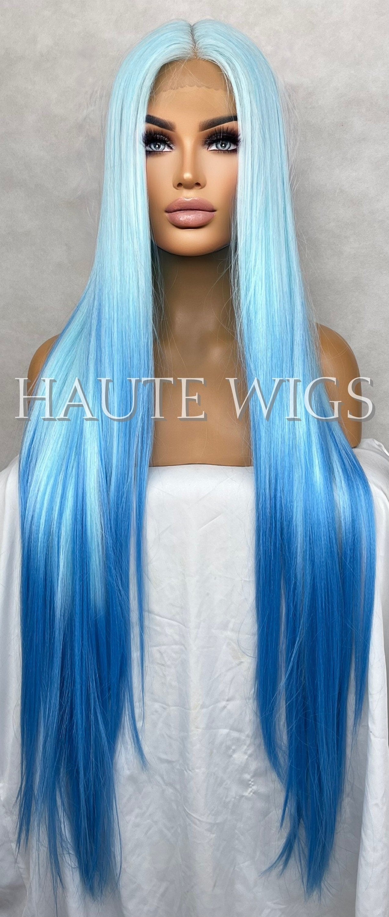 XXX LONG Frozen Inspired Ombré Light To Dark Blue Wig Princess Straight Wig Lace Front T Part Human Hair Blends Synthetic Wig Ladies Womens