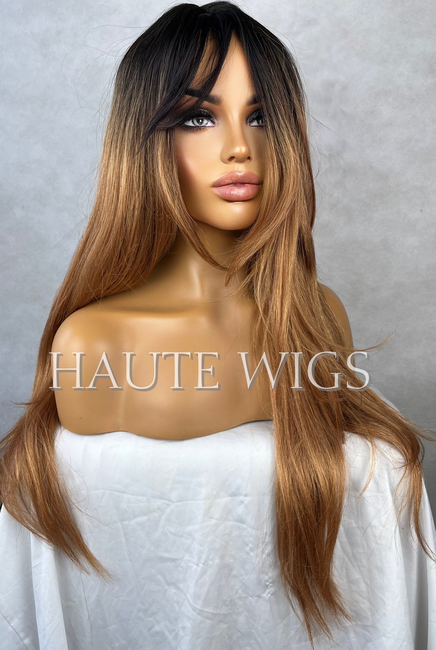 26 Inch Brown Bronze Bronde Ombre Wig Black Roots Fringe Bangs Long Straight Layered Womens Wig Human Hair NO Lace Front Wigs Beautiful