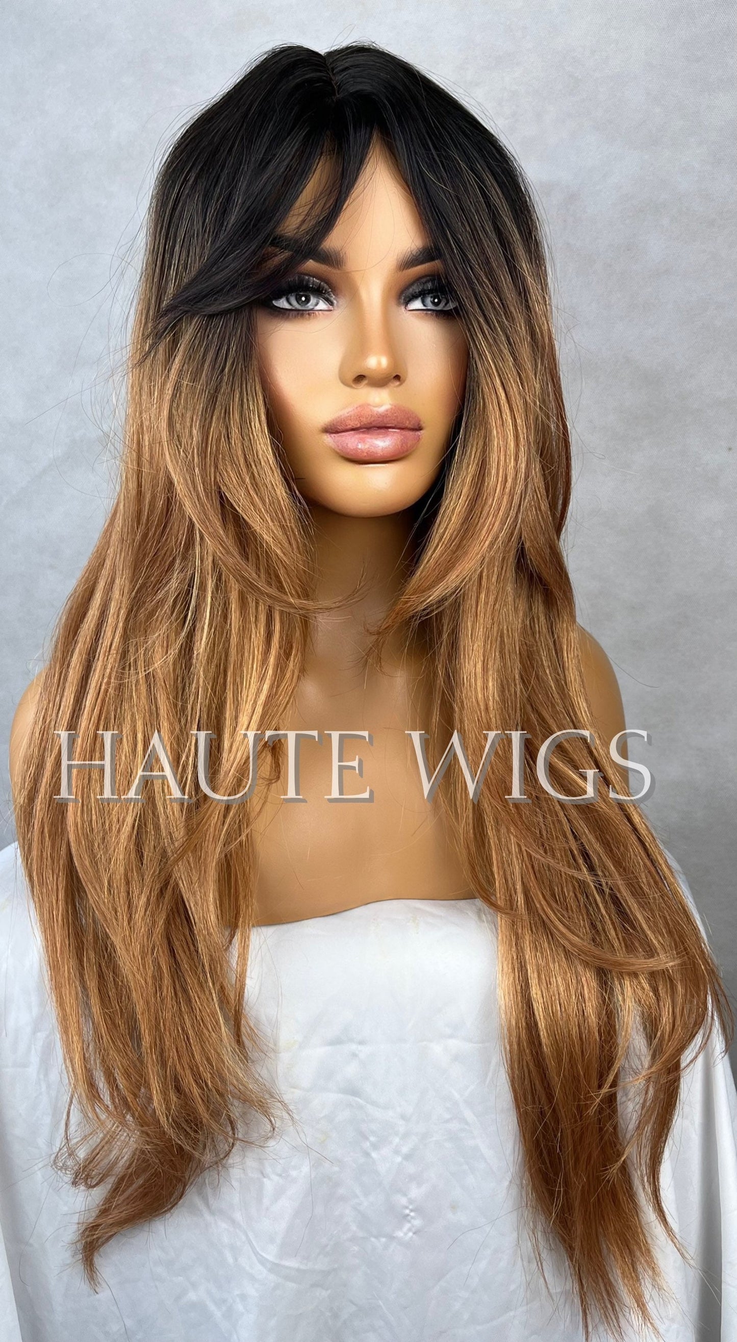 26 Inch Brown Bronze Bronde Ombre Wig Black Roots Fringe Bangs Long Straight Layered Womens Wig Human Hair NO Lace Front Wigs Beautiful