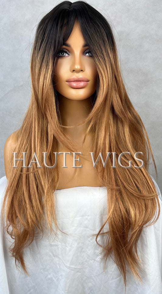 26 Inch Brown Bronze Bronde Ombre Wig Black Roots Fringe Bangs Long Straight Layered Womens Wig Human Hair NO Lace Front Wigs Beautiful