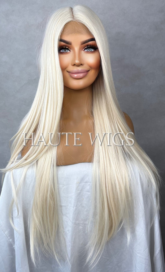 Private Show - Light Creamy Blonde Womens Long Wig Lace Front Layered Human Hair Blends Straight Thick Ladies Wig RARE Bleached Peroxide