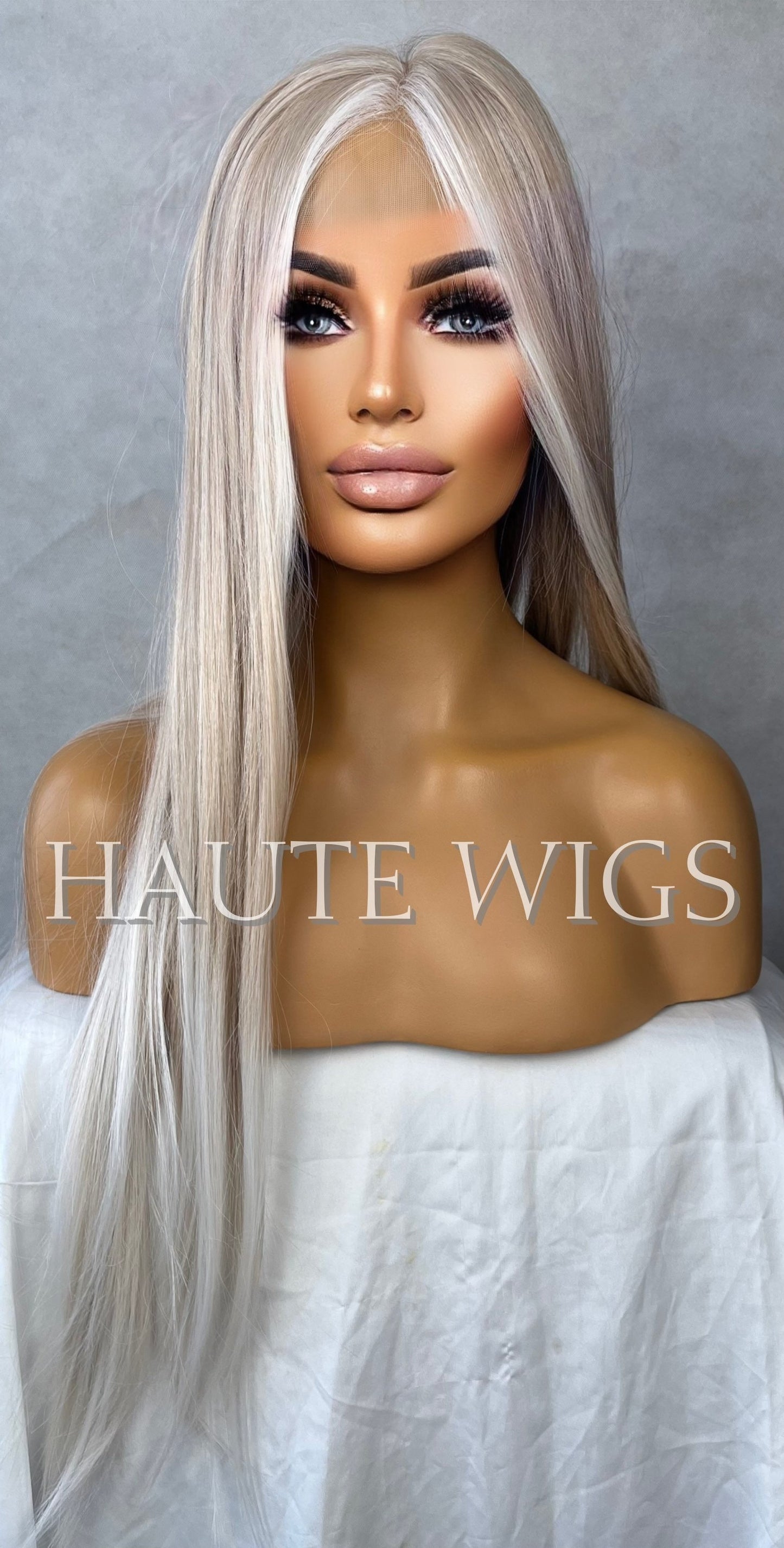 Ash Blonde White Balayage Highlights streaks 28 Inch Long Wig Straight Center Parting Low Density Lace Front Womens Haute Wigs