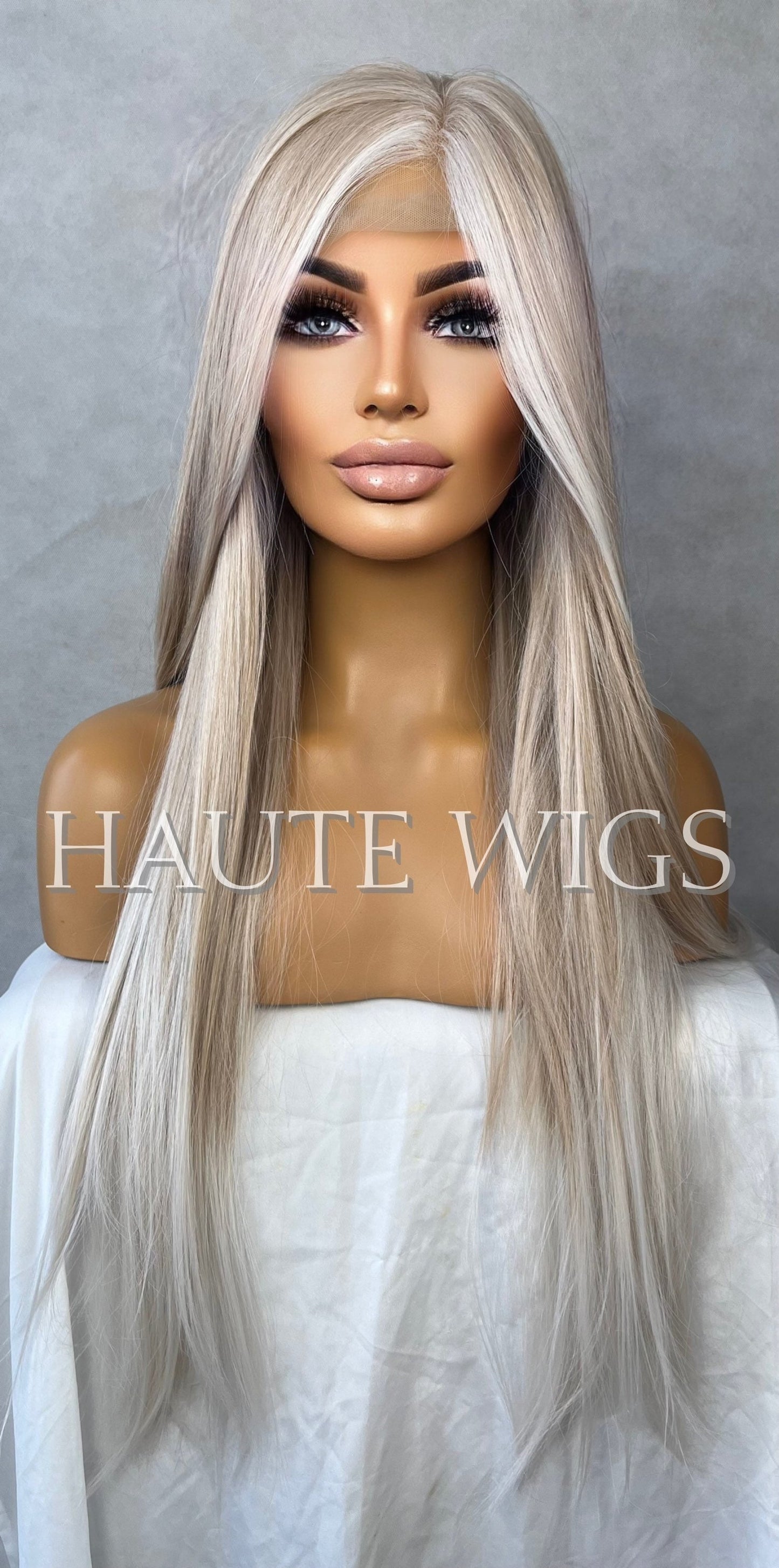 Ash Blonde White Balayage Highlights streaks 28 Inch Long Wig Straight Center Parting Low Density Lace Front Womens Haute Wigs