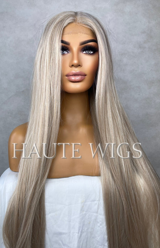 BLONDIE XXX 40" Light COOL Tone Blonde Wig No ombré Womens Long Wig Lace Front Realistic Human Hair Blends Straight Ladies Wig Gift