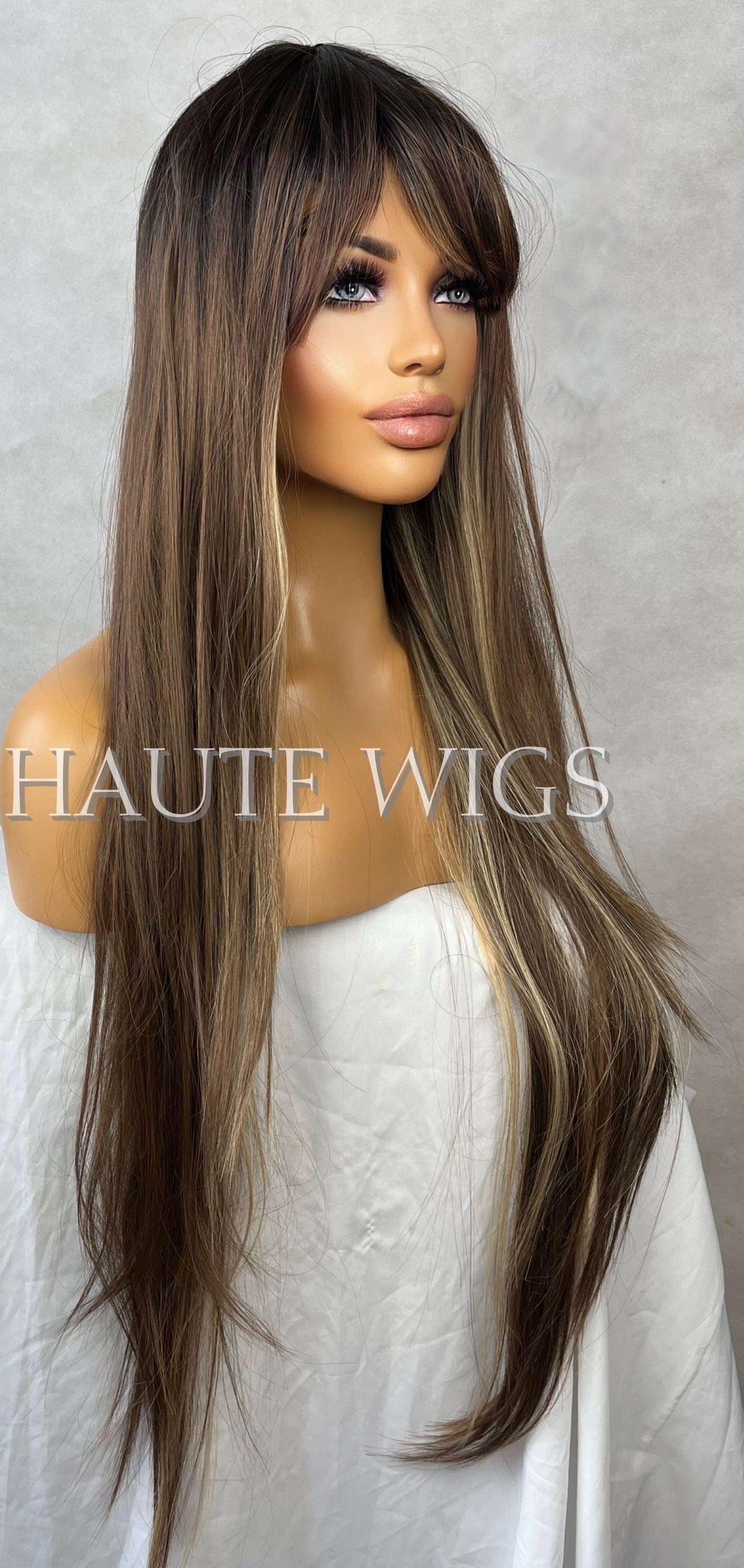 30 Inch Long Coffee Brunette Brown With Blonde Streaks Low Lights Womens Wig Hair Fringe / Bangs Straight ombre Synthetic Hair Amazing Feel