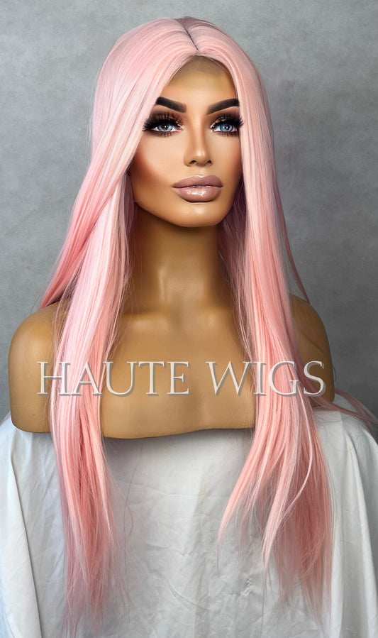 28 Inches Lace Front Baby Powder Pink Womens Wig Ladies Cotton Candy Light Pink Baby Hairs Center Parting Straight Wigs