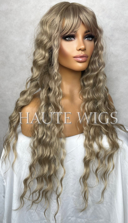 Sami W. Bangs Fringe Long Light ASH Brown Blonde Wig Water Waves Synthetic Vegan Curly Deep Body Gift for Her