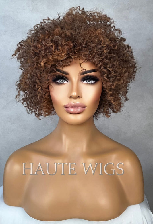 Brown Auburn Mix VERY Curly Wig | Water Waves | Jerry Curl | Vegan Synthetic | No Lace Front | Fancy Dress | Celebrity Spoof Wig