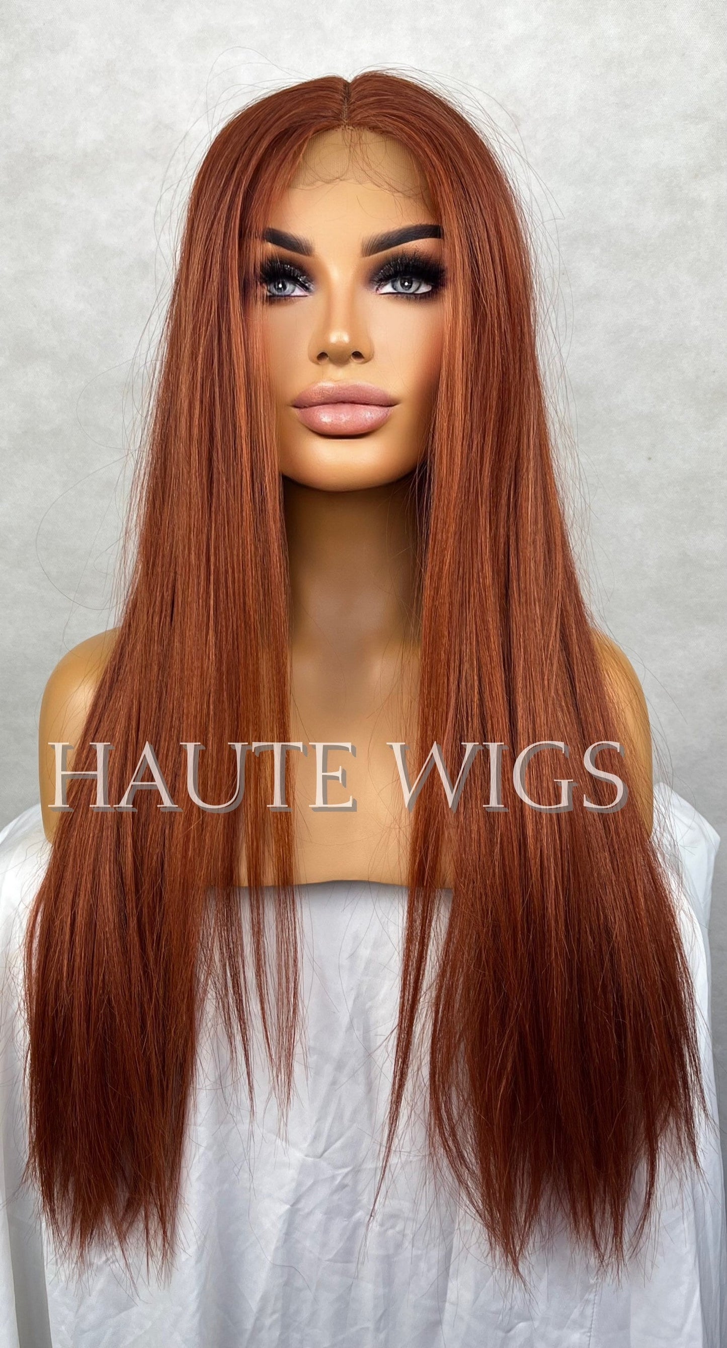 AUBURN 26 Inches Lace Front Human Hair Blends Womens Wig Ladies Deep Copper Ginger Brown Luxury Baby Hairs Center Parting Straight