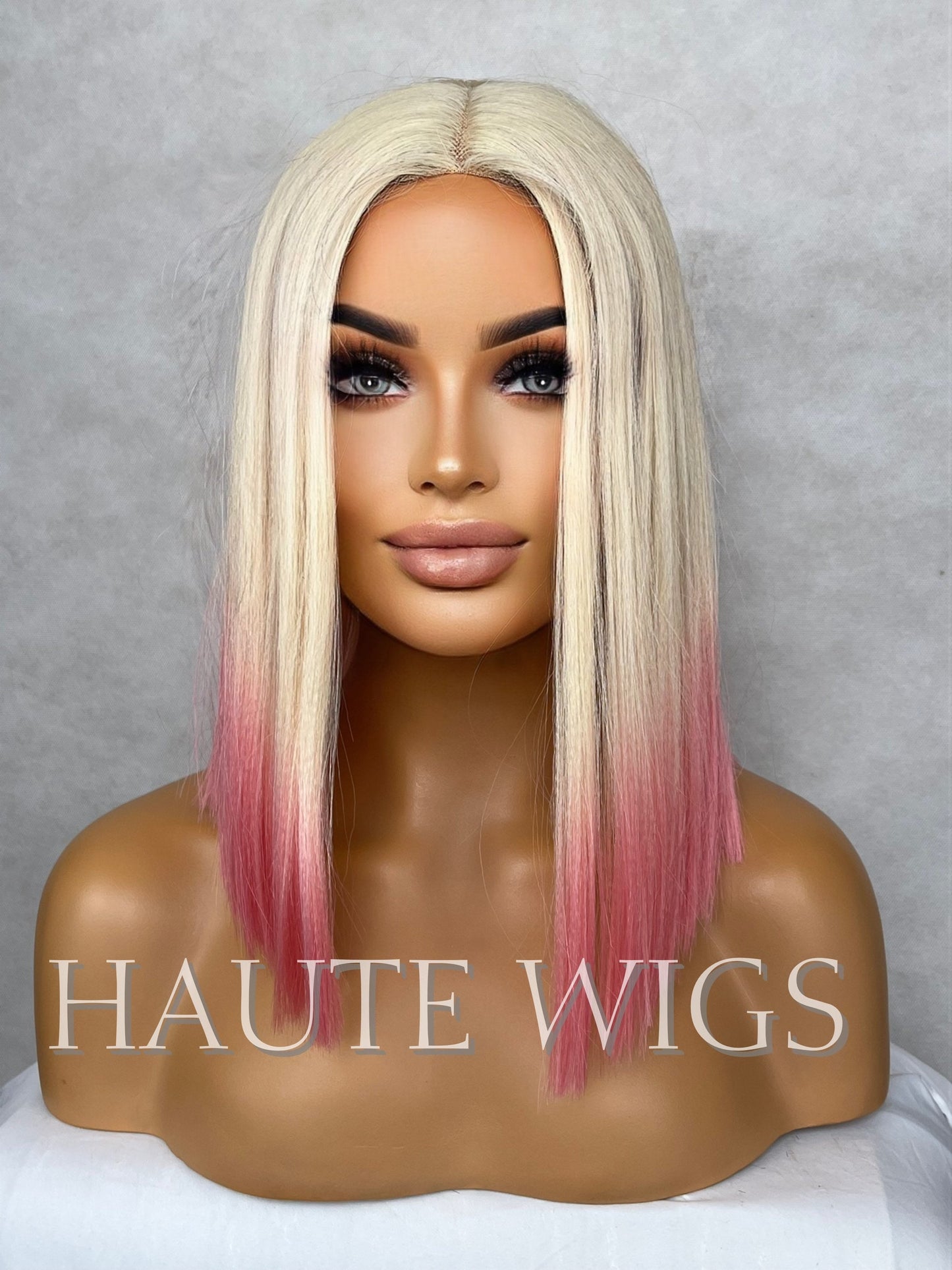 Ombré 613 Creamy Blonde Neon Pink Ends Dip Dye Wig Center Part Short Straight NO Lace Front Human Hair Blends Wig Ladies Gift for her