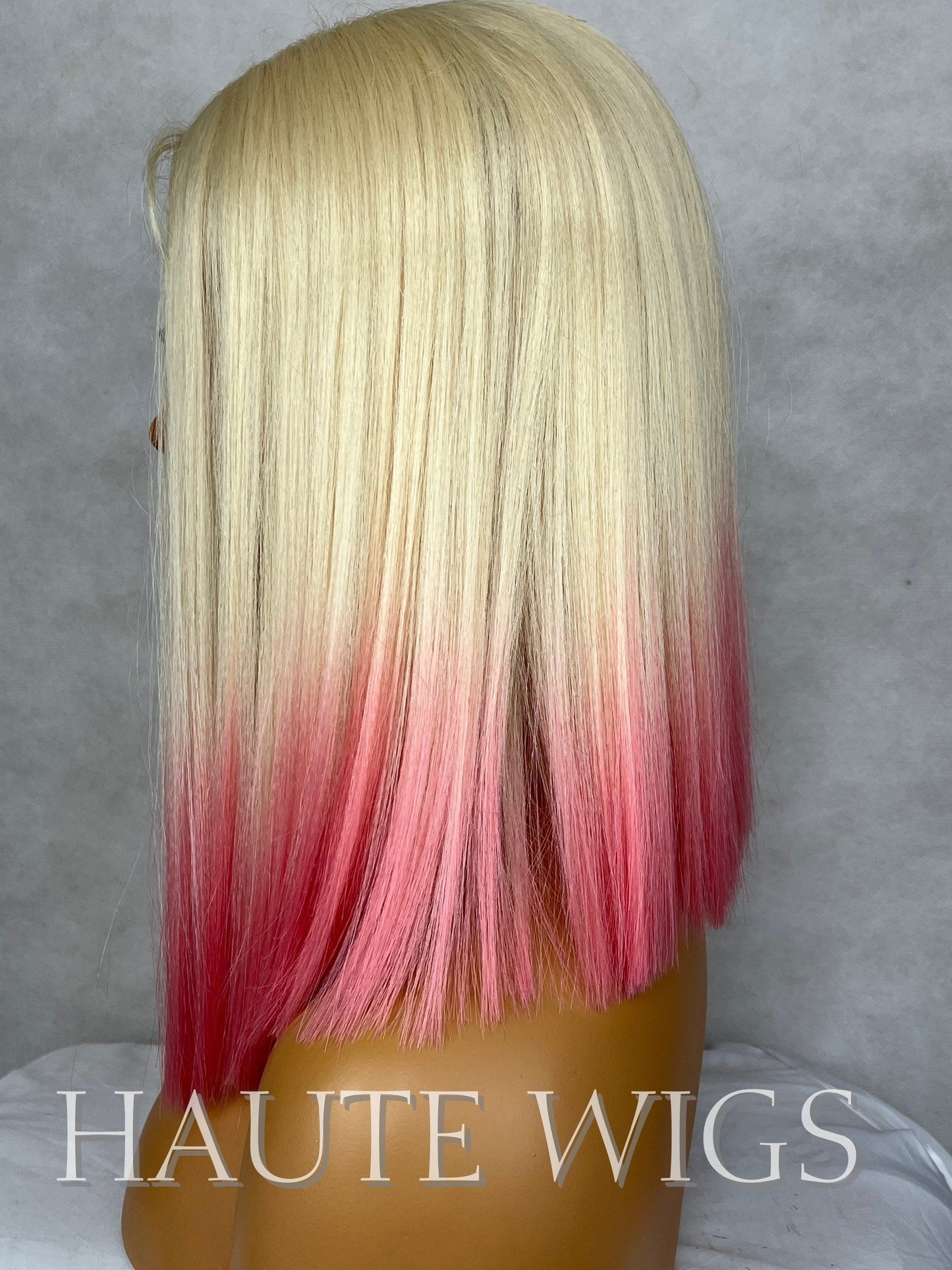 Ombré 613 Creamy Blonde Neon Pink Ends Dip Dye Wig Center Part Short Straight NO Lace Front Human Hair Blends Wig Ladies Gift for her