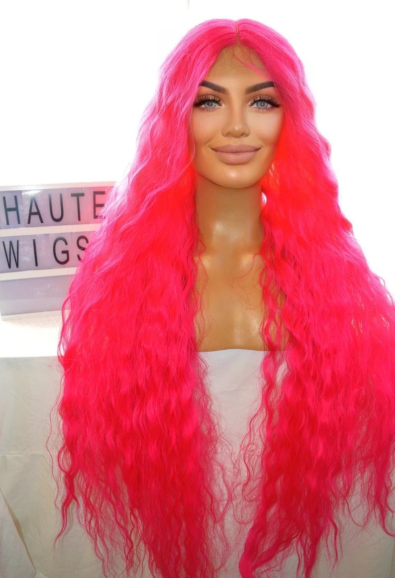 NEON ELECTRIC Pink Wavy XXX Long 42 Inches Lace Front Wig Deep Rich Fuchsia Pink Stunning Human Hair Curly Center Parting Baby Hairs