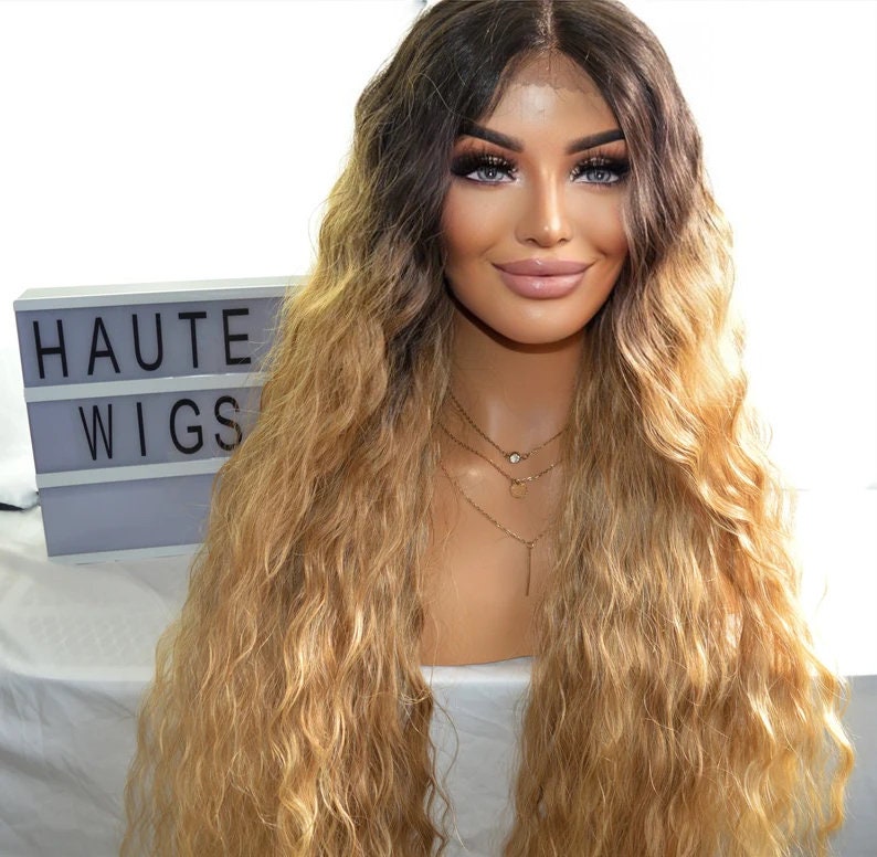 XXX Long 42 Inches Womens Dark Golden Blonde Ombre Lace Front Human Hair Wig Ladies Wavy Curly Brazilian Style Wigs