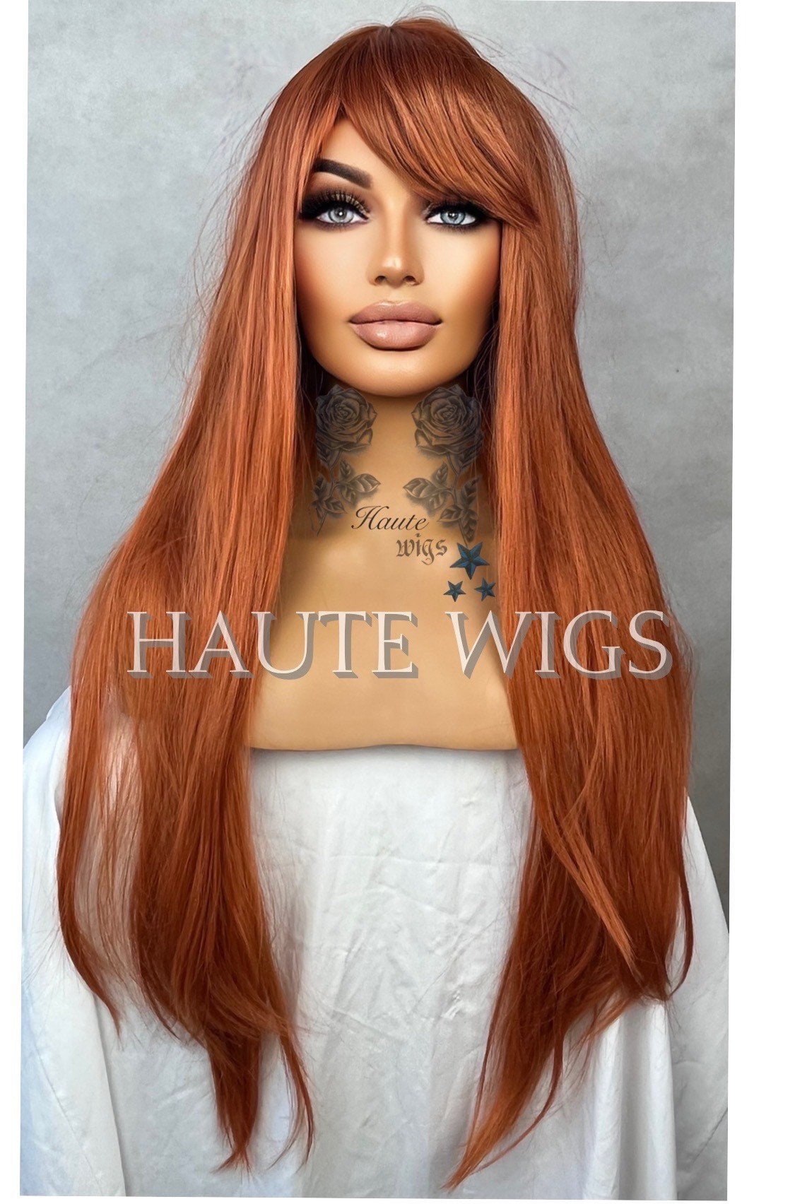 AUBURN Copper Wig With Bangs / Fringe Long Deep Golden Ginger Brown Layered Silky Straight Ladies Womens Wigs No Lace Front