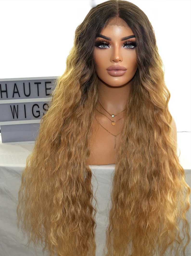 XXX Long 42 Inches Womens Dark Golden Blonde Ombre Lace Front Human Hair Wig Ladies Wavy Curly Brazilian Style Wigs