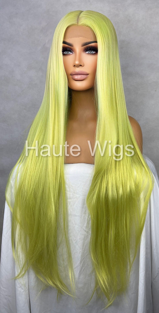 XXXL 40 Inch Lemon Neon Green Yellow RARE Wig Lace Front Long Straight Human Hair Blends Wigs Ladies Eye Catching