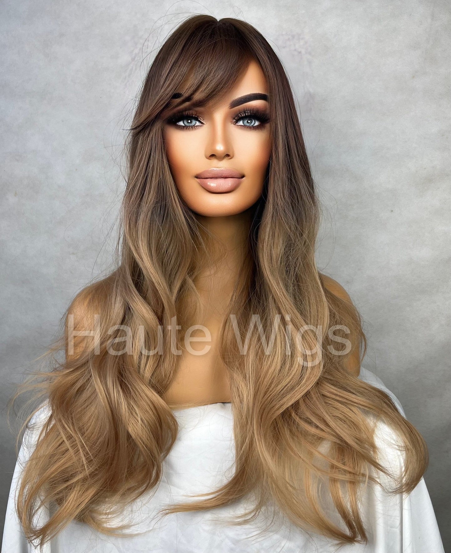 Blonde Brown Ombre 26 Inch Women Long Wig Synthetic Hair Fringe Bangs Straight Wavy Heat Resistant Highlights Balayage
