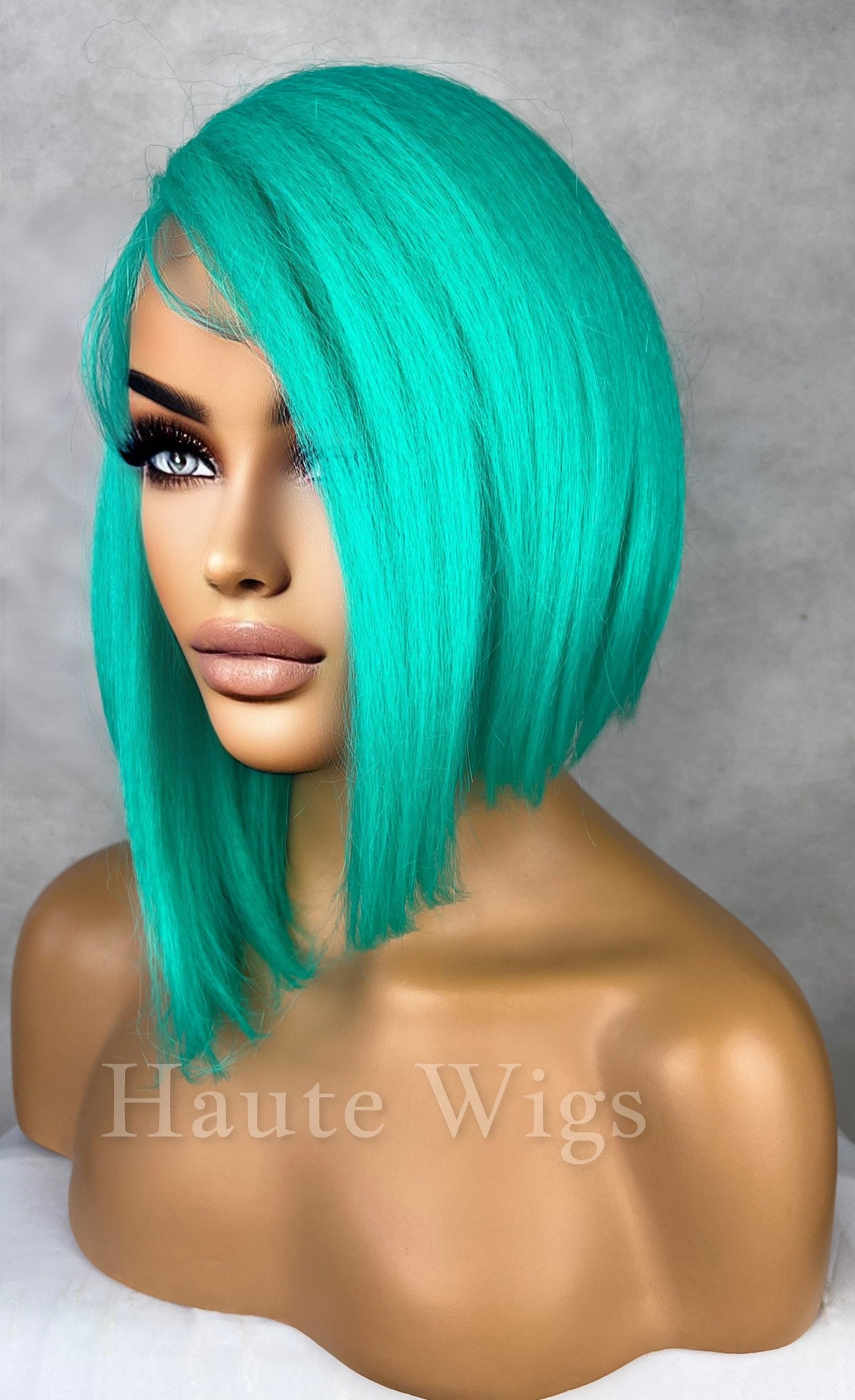 Neon Pastel Bright Green BOB Wig 12 Inches Lace Front Human Hair Blends Womens Ladies Wig Sexy Luxury Slanted Parting Layered Gift For Her