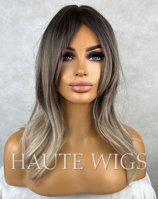 14 Inch Ash Blonde Brown Cool Toned Dirty Ombre Brown Wig With Fringe Bangs Center Parting Short BOB Wavy Synthetic Hair Wigs