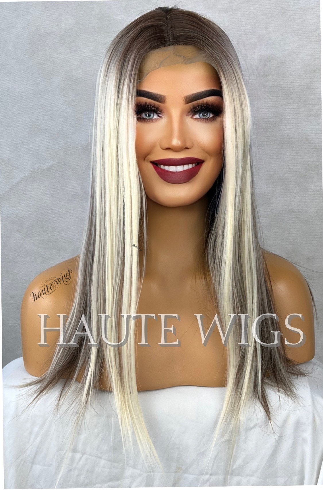 20 Inch Long Sexy Platinum Blonde Highlights Wig Brown Lowlights Womens Hair Lace front Layered Christina Aguilera Dirrty inspired Gift