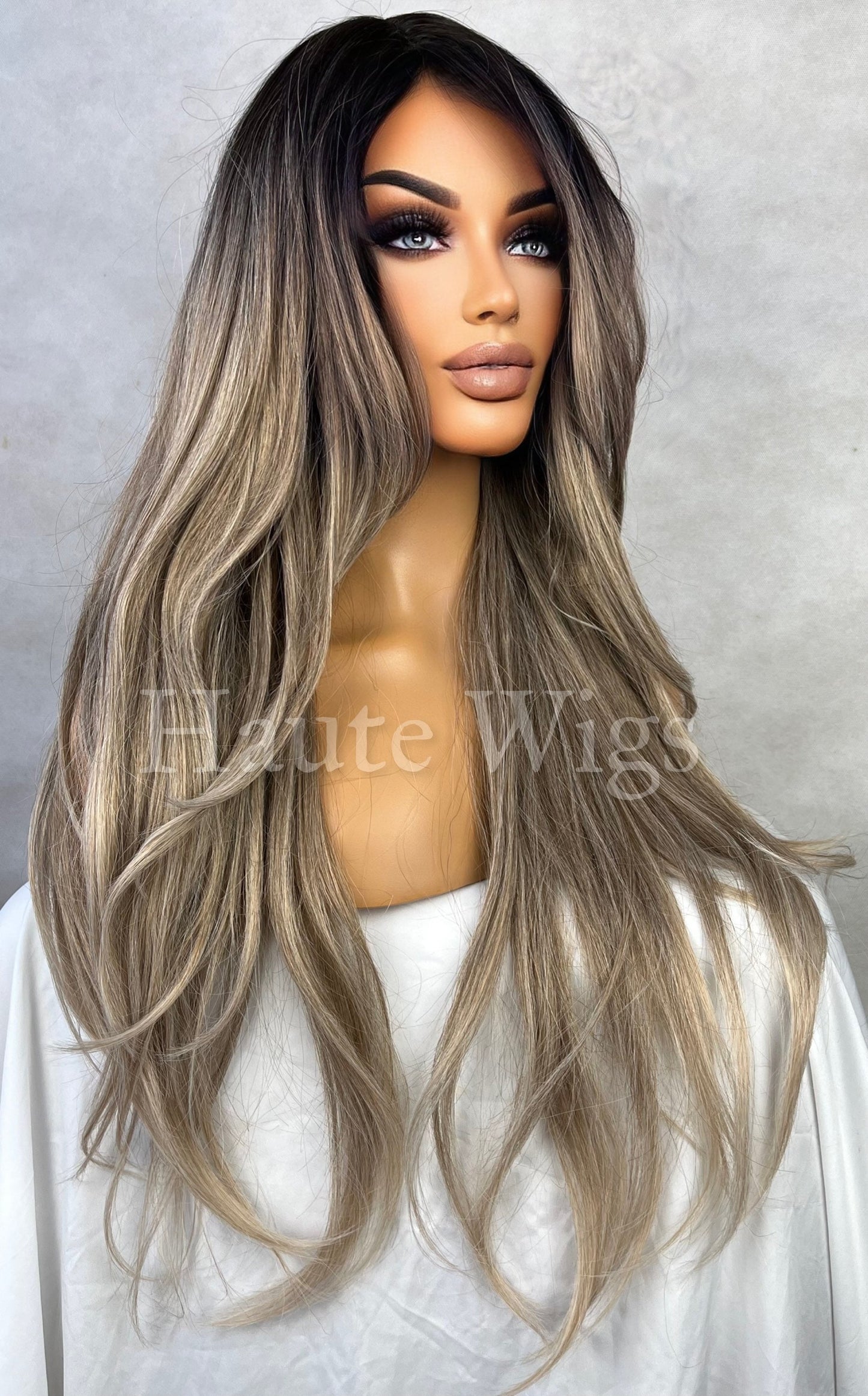 28 inch Ash Blonde Wig Silver Ombré Black 1b Root No Lace Front Long Curtain Bangs Layered Straight Haute Wigs Gift for her everyday wig